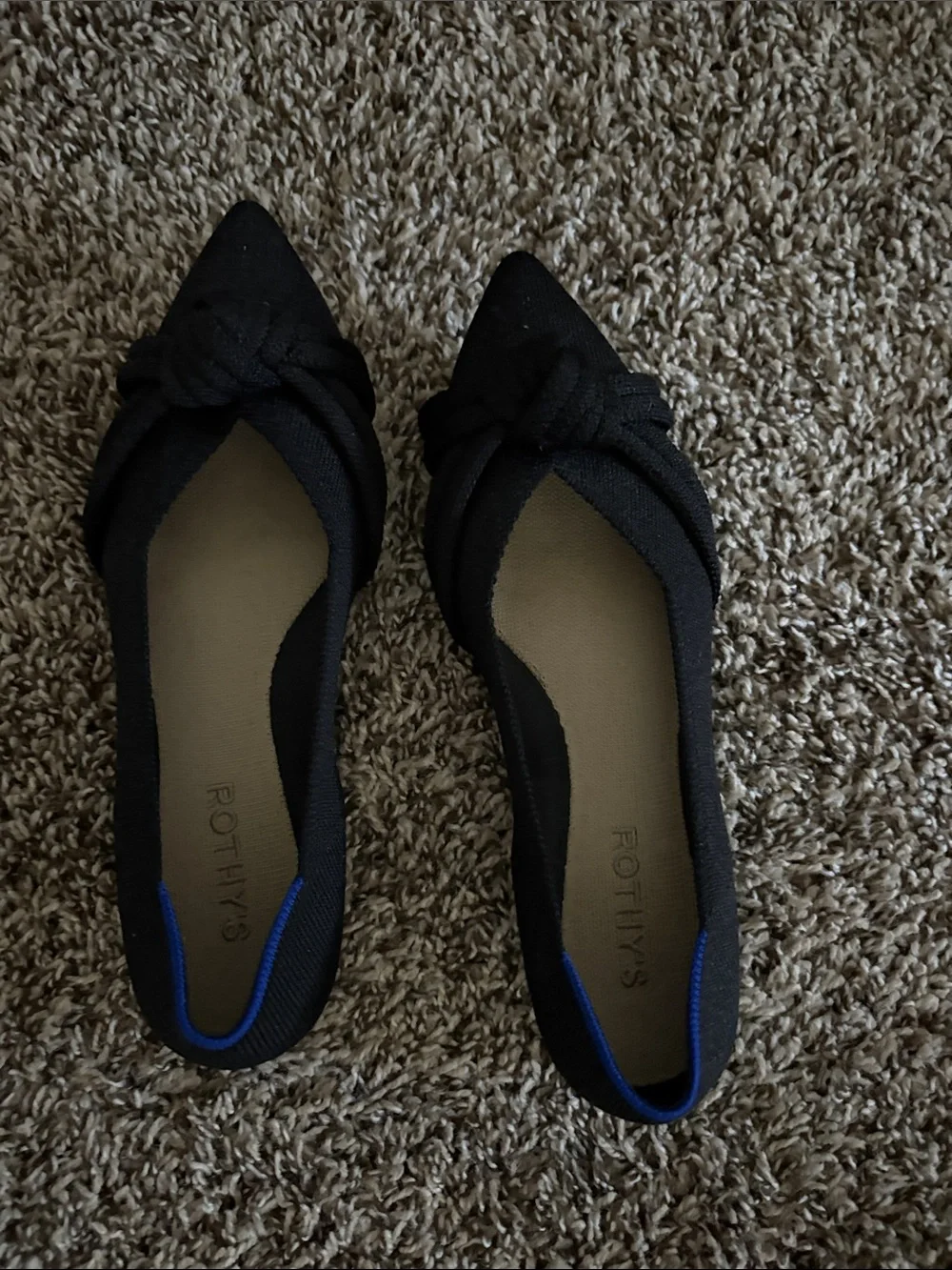 Rothy's Black Pointed Knot Flats with Blue Trim